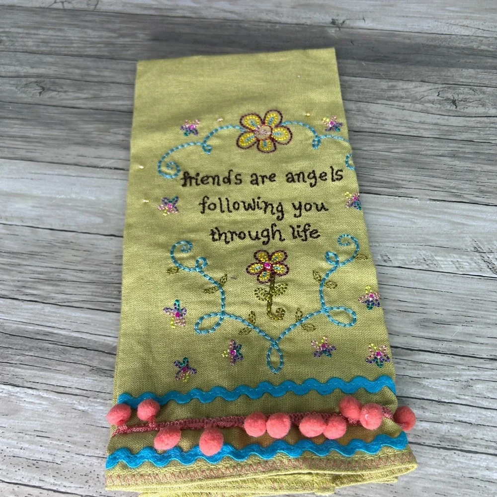 Natural Life Linen Tea Dish Towel Embroidered Boho Friends Are Angels‎ Gift